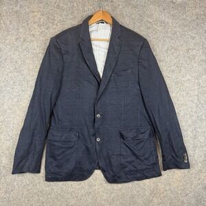 FLYNT Spicoli Blazer Mens 42L Navy Blue Solid Linen Cotton Sport Coat Jacket